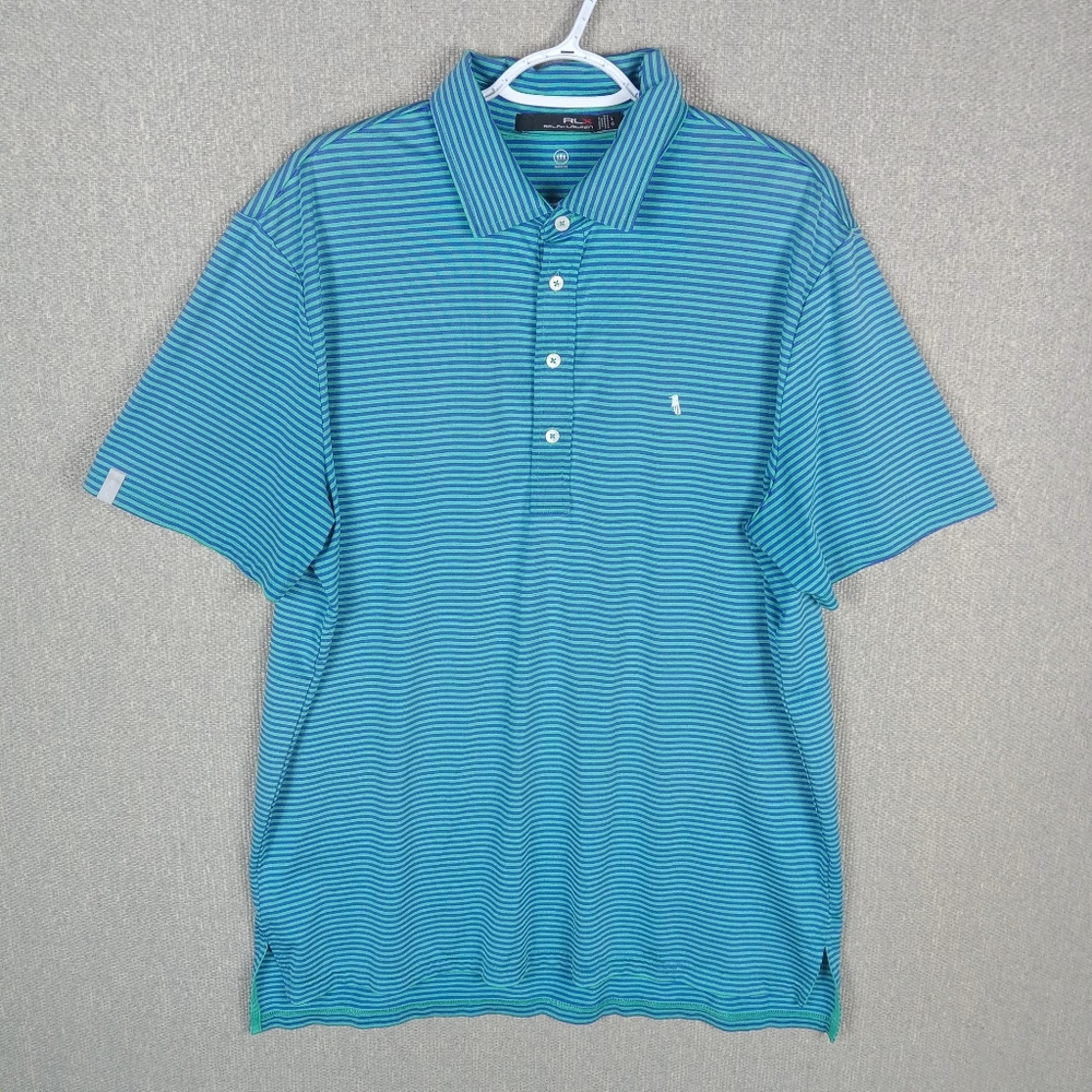 RLX Ralph Lauren Polo Shirt Blue Green Striped Large Golf Performance Preppy